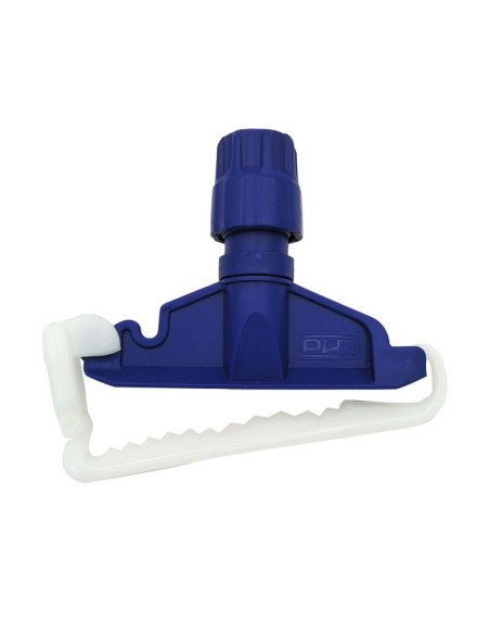 Pinza para fregona industrial con clip azul y dentado inferior sobre fondo blanco