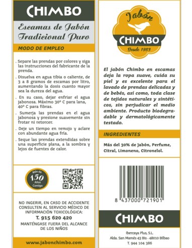 CHIMBO ESCAMAS DE JABON PURO 500 GRS.