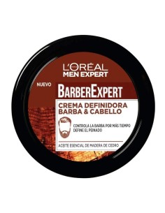 Tarro Barber Expert de LOréal con etiqueta marrón y aceite esencial de madera de cedro