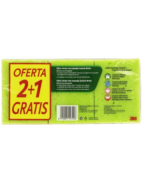 SCOTCH BRITE ESTROPAJO CON ESPONJA VERDE PACK-3 UDS