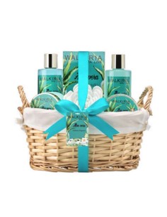Cesta de baño Aloe Vera La Walkiria en mimbre natural con asas y lazo turquesa