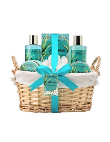 Cesta de baño Aloe Vera La Walkiria en mimbre natural con asas y lazo turquesa