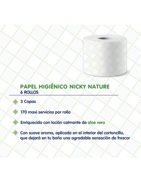 Papel Higiénico Nicky con Aloe Vera, Paquete de 6 Rollos de 3 Capas
