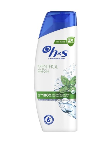 H&S Menthol Fresh champú anticaspa 250 ml, envase blanco con tapón azul y detalles verdes de menta