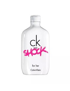 Frasco blanco de CK One Shock For Her con letras fucsia estilo grafiti