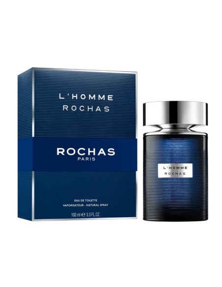 Estuche azul y frasco de perfume masculino Rochas L'Homme EDT 100 ml.