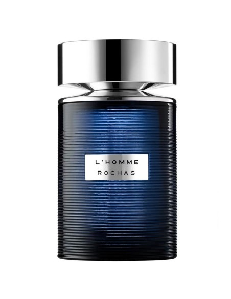Frasco de cristal azul acanalado Rochas L'Homme Eau de Toilette 100 ml.
