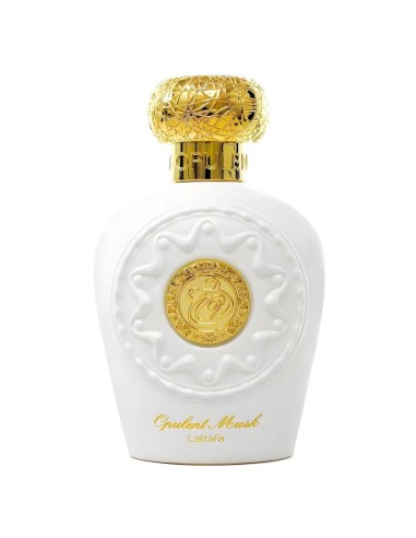 Frasco blanco embellecido con relieve y medalla dorada Lattafa Opulent Musk 100 ml