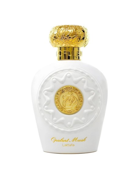 Frasco blanco embellecido con relieve y medalla dorada Lattafa Opulent Musk 100 ml