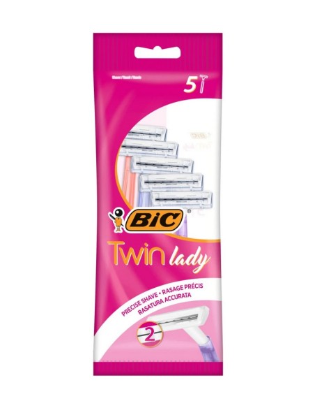 BIC Woman Twin 5 uds, maquinillas desechables con 2 hojas para depilación precisa.