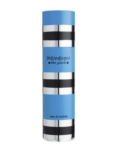 Frasco cilíndrico metálico azul y plateado de Rive Gauche Eau de Toilette 100 ml