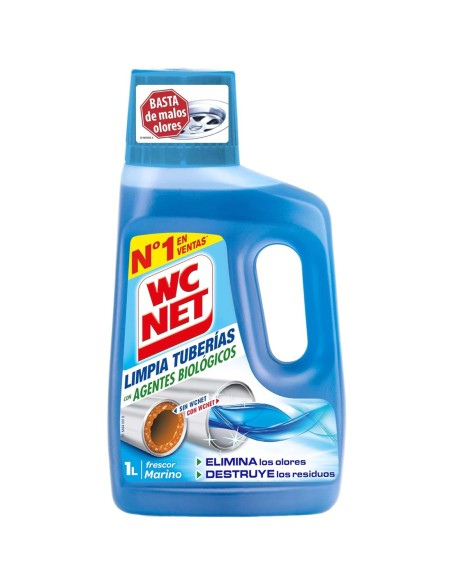 Botella azul de gel limpia tuberías con agentes biológicos de la marca WC NET de 1 litro con frescor marino