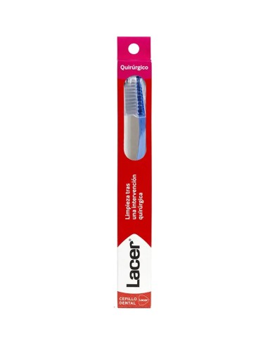 Cepillo dental quirúrgico Lacer en envase rojo y blanco