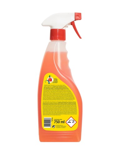 Vista trasera de la botella de quitagrasas Zorka en pistola de 750 ml con etiqueta de seguridad CLP