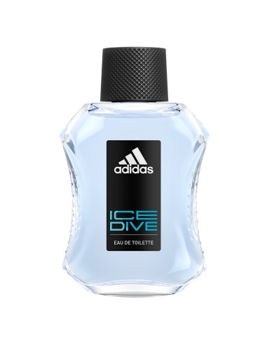 Frasco de Adidas Ice Dive con tapón negro y etiqueta azul sobre fondo blanco