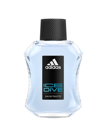 Frasco de Adidas Ice Dive con tapón negro y etiqueta azul sobre fondo blanco