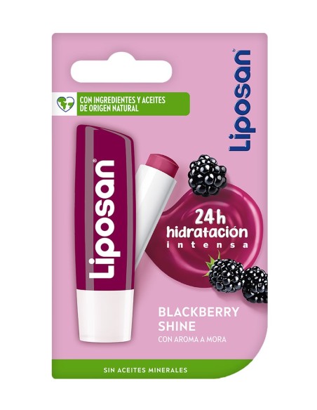 Bálsamo labial Liposan Blackberry Shine con delicioso aroma a mora.