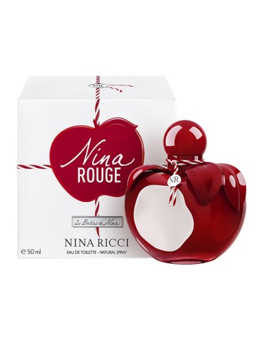 Frasco esmaltado en forma de manzana roja mordida de Nina Rouge Eau de Toilette de 50 ml al lado de su estuche.