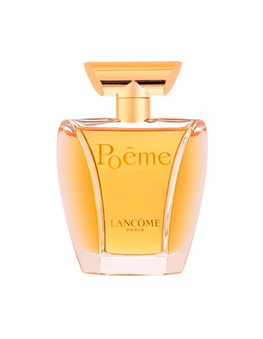 Elegante frasco de cristal del perfume femenino Lancôme Poême de 100 ml con su característico líquido dorado