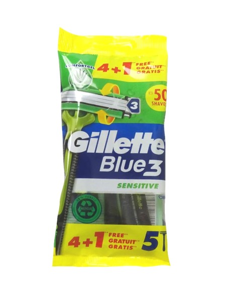 Pack 4+1 maquinillas Gillette Blue 3 Sensitive desechables.