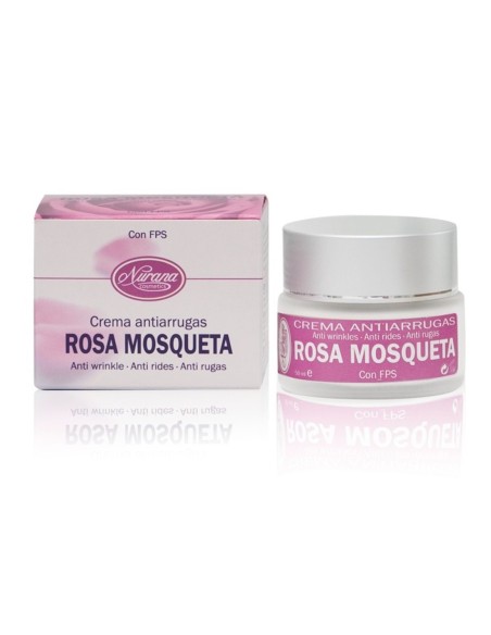 Tarro y caja de crema facial antiarrugas de rosa mosqueta Nurana SPF15 50ml