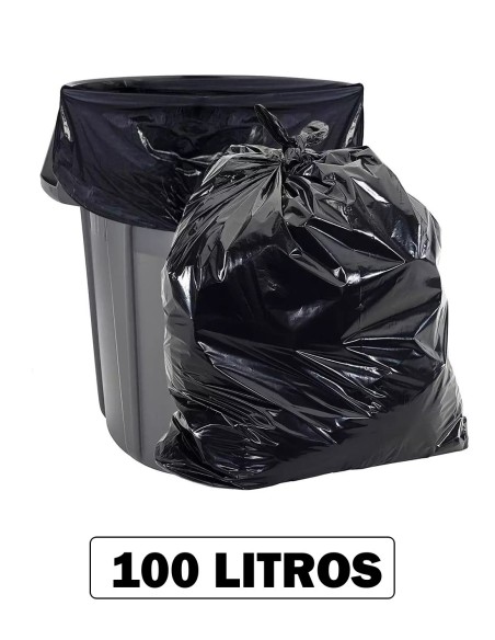 Saco de basura negro fuerte de 100 litros ajustado en un cubo grande de limpieza