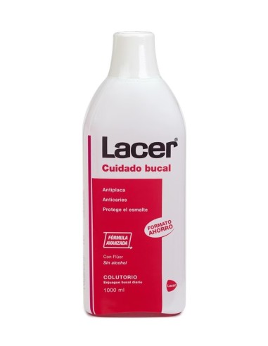 Botella de un litro tamaño ahorro del colutorio para el cuidado bucal diario de la marca Lacer.