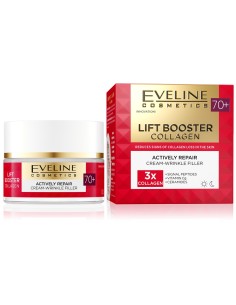 Caja y tarro de la crema Eveline Lift Booster Collagen Actively Repair 70+ 50 ml