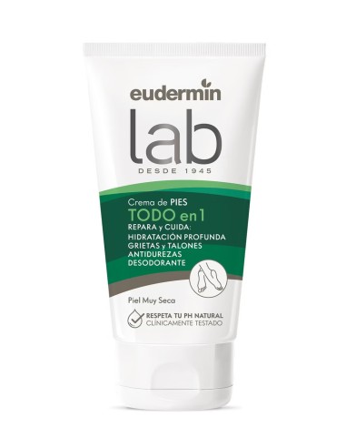 Tubo de crema para pies muy secos Eudermín Lab con formulación hipoalergénica