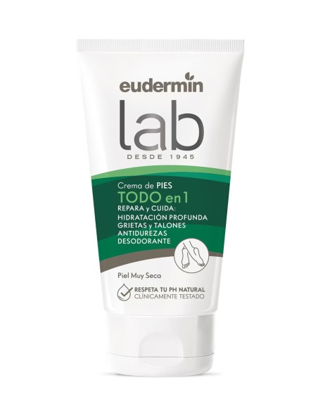 Tubo de crema para pies muy secos Eudermín Lab con formulación hipoalergénica
