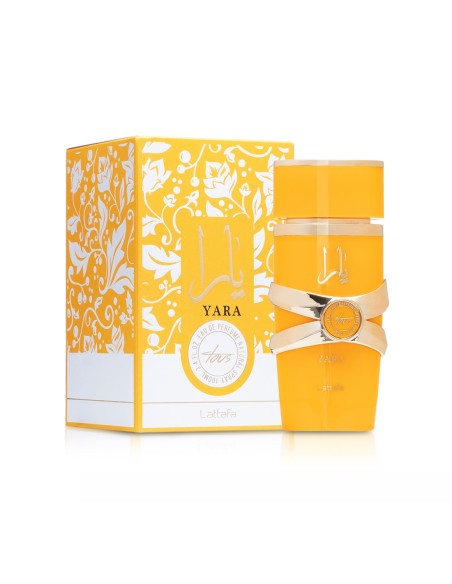 Lattafa Yara Tous Eau de Parfum 100 ml con frasco amarillo y caja decorada