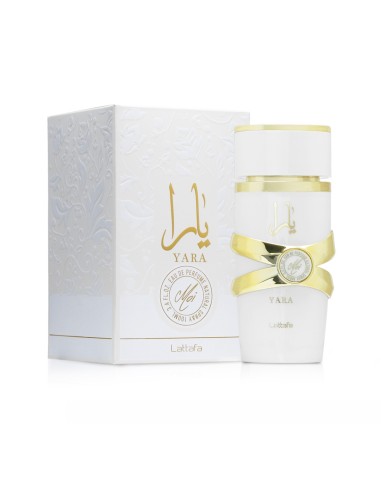 Vista frontal del perfume Lattafa Yara Moi Eau de Parfum de 100 ml con su estuche.