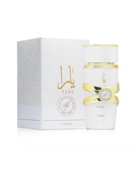 Vista frontal del perfume Lattafa Yara Moi Eau de Parfum de 100 ml con su estuche.