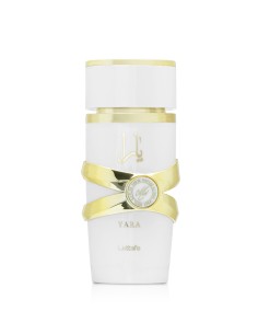 Frasco de Lattafa Yara Moi Eau de Parfum de 100 ml en tono blanco y dorado.