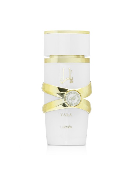 Frasco de Lattafa Yara Moi Eau de Parfum de 100 ml en tono blanco y dorado.