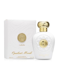Frasco blanco embellecido con relieve y medalla dorada Lattafa Opulent Musk 100 ml 2