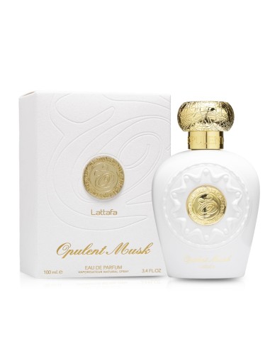 Frasco de perfume Lattafa Opulent Musk Eau de Parfum de 100 ml en color blanco y dorado junto a su caja