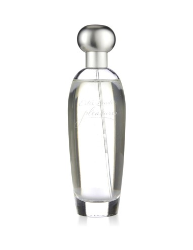 Frasco de cristal transparente Pleasures Estée Lauder Eau de Parfum de 100 ml con tapón plateado redondeado.