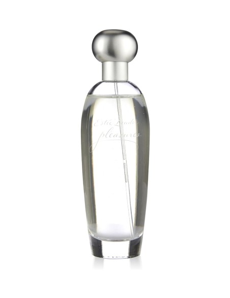Frasco de cristal transparente Pleasures Estée Lauder Eau de Parfum de 100 ml con tapón plateado redondeado.