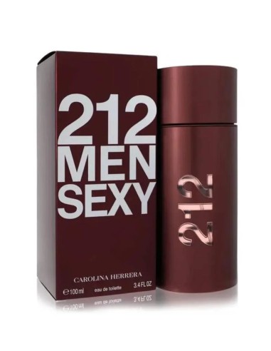 Frasco del vaporizador 212 Sexy Men de 100 ml junto a su caja original de color burdeos satinado