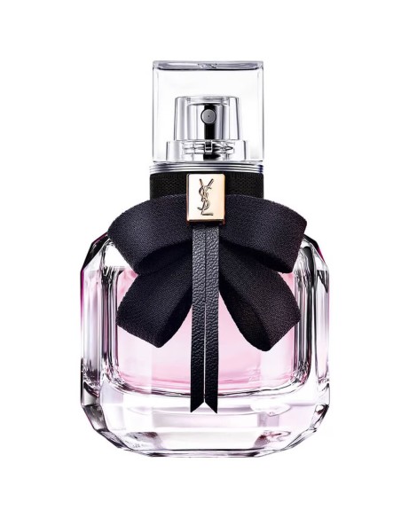 Frasco de perfume de cristal Mon Paris de Yves Saint Laurent con lazo negro lavallière