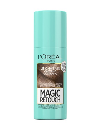 Vista frontal del spray retoque de raíces L'Oréal Magic Retouch tono tres castaño en envase cilíndrico de color azul turquesa.