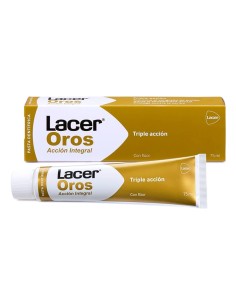 Estuche de cartón dorado y tubo de pasta dental Lacer Oros Acción Integral de 75 ml