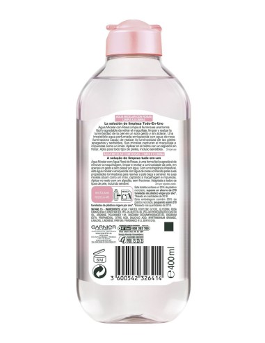 Agua micelar Garnier con rosas, limpia y calma rostro, ojos y labios