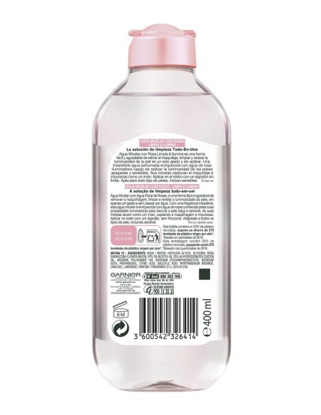 Agua micelar Garnier con rosas, limpia y calma rostro, ojos y labios
