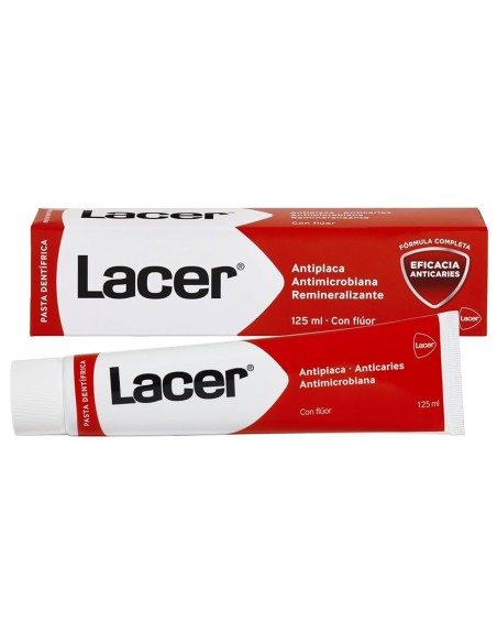Caja y tubo de pasta dentífrica Lacer de 125 ml con acción antiplaca y anticaries