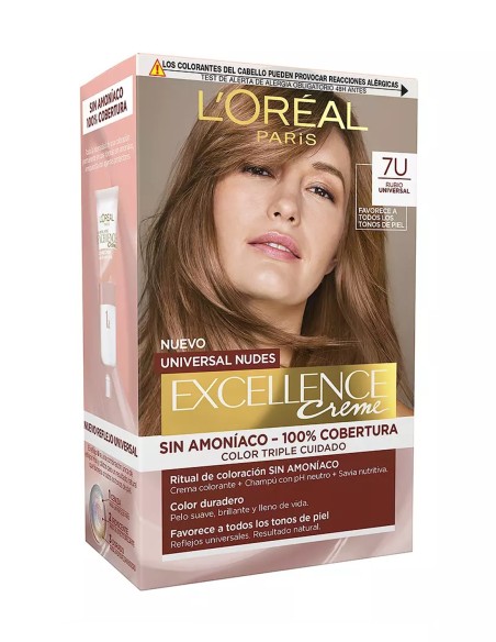Caja de tinte L'Oréal Excellence Crème Nudes 7U Rubio Universal sin amoniaco