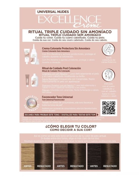 Reverso de la caja l'oreal excellence nudes con instrucciones del ritual triple cuidado