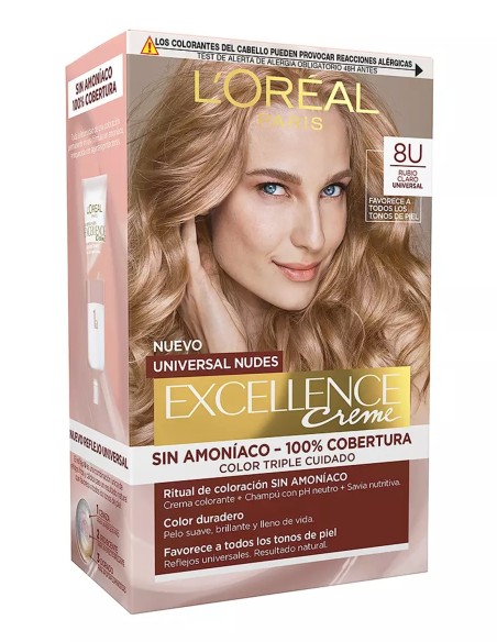 Caja frontal del tinte l'oreal paris excellence creme universal nudes 8u rubio claro
