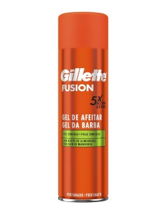 Gillette Fusion Gel de Afeitar Piel Sensible 200ml, bote frontal con logo y textura suave.